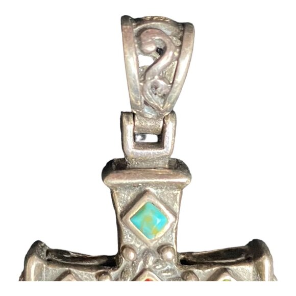 Cross Pendant With 7 Stones: Turquoise Red Coral Rhodonite Magnesite & Sterling - Picture 8 of 8